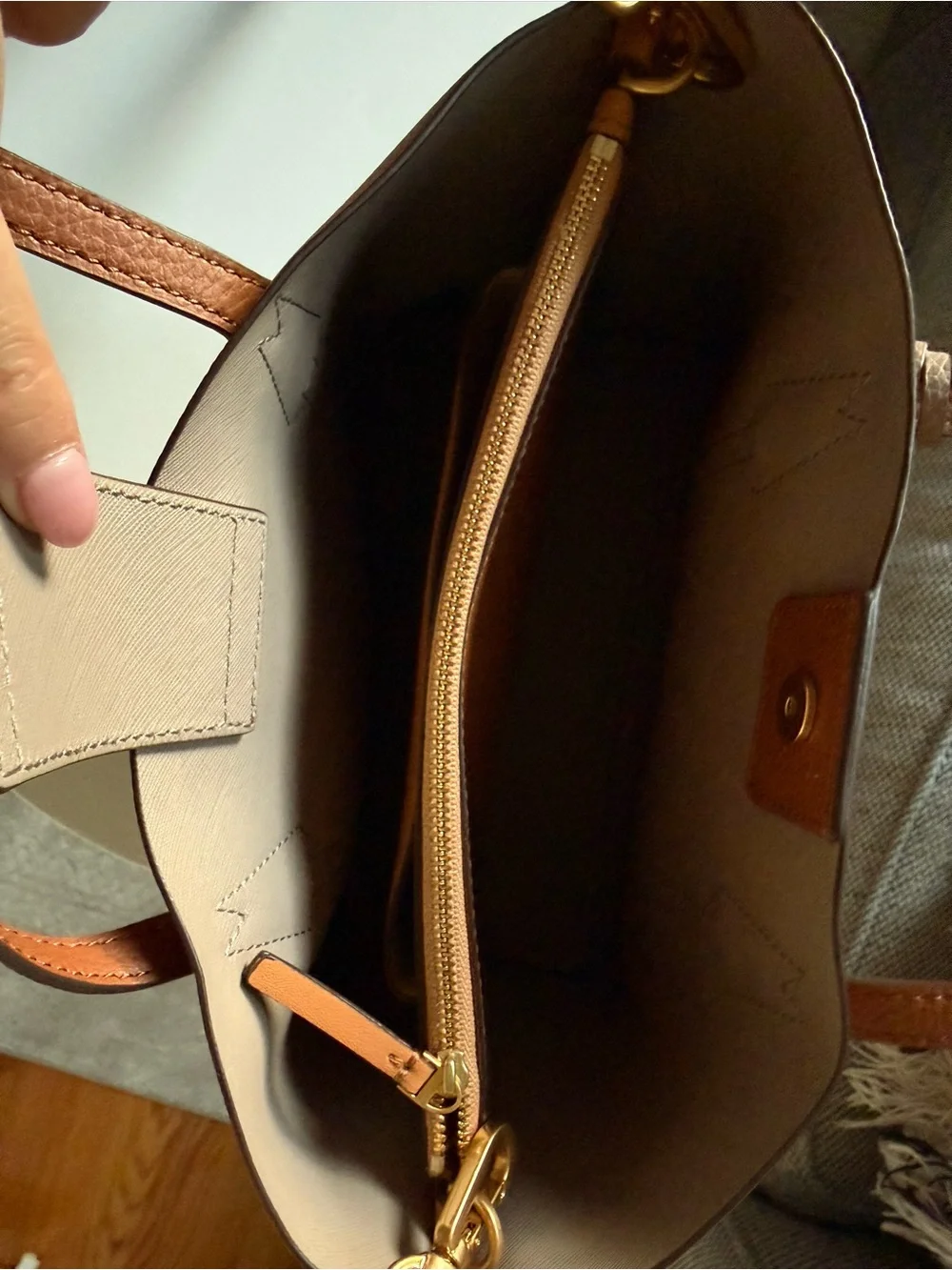 Tory Burch Cognac Leather Shoulder Tote with Taupe Trim